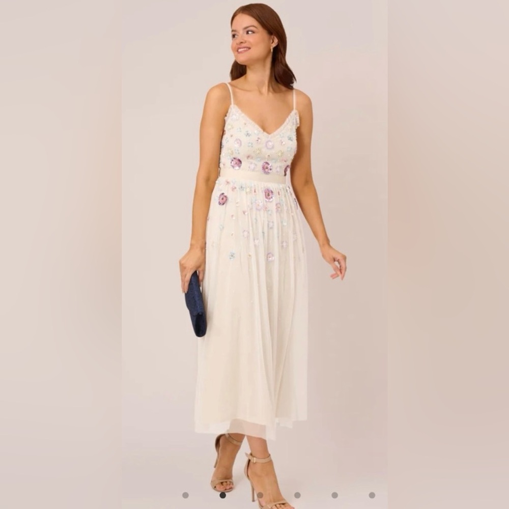 NWT Adrianna Papell Ankle Length Floral Beaded Tulle Gown in Ivory Multi, 6